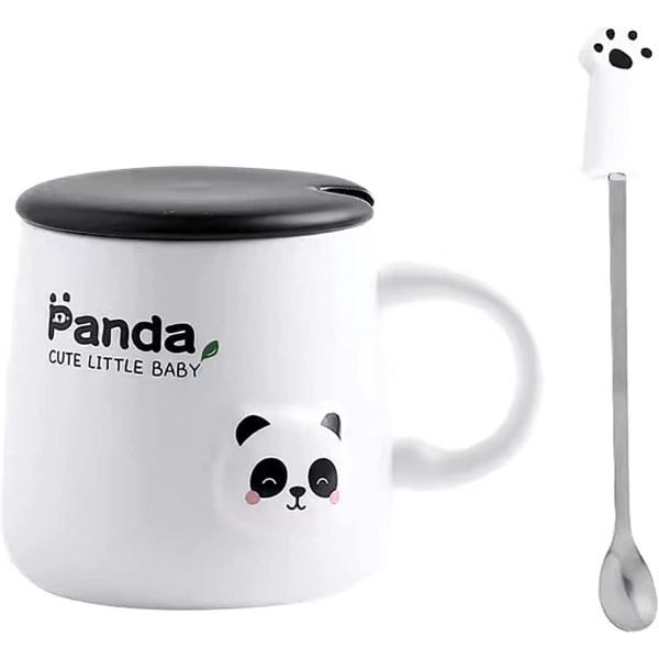 Grå Panda-kopp med 3D-figurlokk og skje, keramisk kaffe- eller tekopp, 22OZ smil