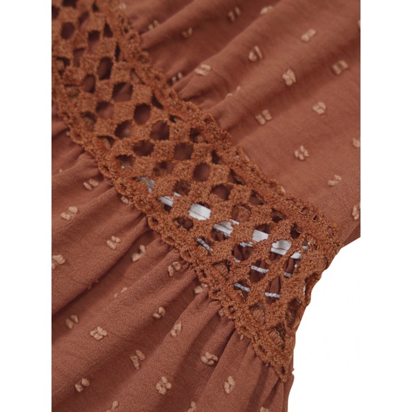 Kvinde Sommer Solid Farve Puff Korte Ærmer V-Hals Elastisk Talje Swing Ruffle A-Linje Midi Kjole (Mursten-Rød S)