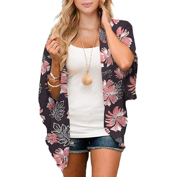 Dam Floral Print  Ärm Kimono Cardigan Lös Cover Up Casual Blus Toppar --- Rosa Print （Storlek XXL）