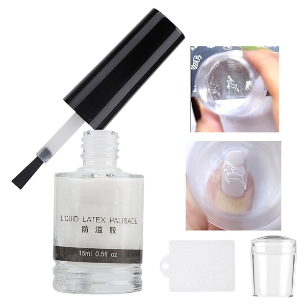 Stempel for negl + skrapeplate + anti-overflow lim (15 ml) - sett med verktøy for neglkunst