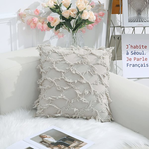 Beige dekorative putetrekk 20 x 20 tommer 2-pak Boho pynteputer til sofa og lenestol, 100 % bomull