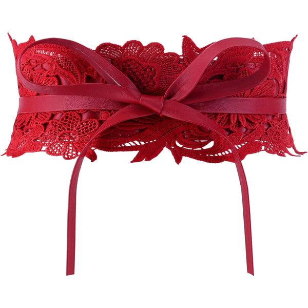 Kvinnors spets midjebälte Obi rosett Cinch brett bälte rosett slips wrap Boho korsett klänning midjeband PU läder, röd