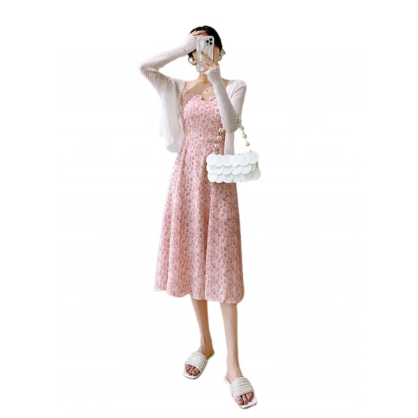 Klänningar för kvinnor 2023 Kvinnor Elegant Lady Ärmlös Holiday Chiffong Suspender Dress Dam Toppar (Rosa M)