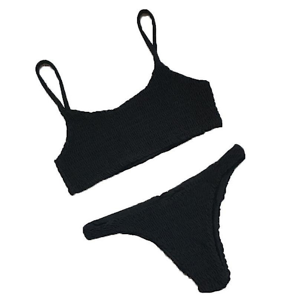 Dam Sommar Crinkle Bikini Set Enfärgad Badkläder Baddräkt Black S