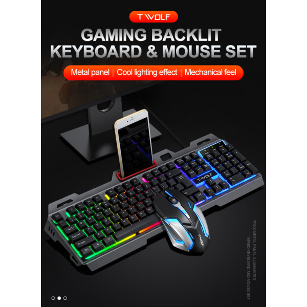 Trådlöst speltangentbord och -mus, Regnbågsbakgrundsbelyst uppladdningsbart tangentbord, tangentbord med mekanisk känsla och 7-färgs Mute Gaming-mus för Windows-dator