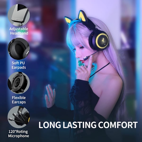GS510 Kattørehodetelefoner Trådløse Spillhodetelefoner for PS5/ PS4/ PC, Søt Hodetelefon 2.4G med Inntrekkbar Mikrofon, 7.1 Stereo Lyd, 8 Timer Pl