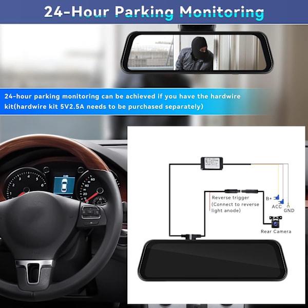 Speil Dash Cam med trådløs Apple CarPlay Android Auto, 1080P Front og bakre Dual Dash Cam for biler, lastebiler, 9,66 '' IPS Touchscree