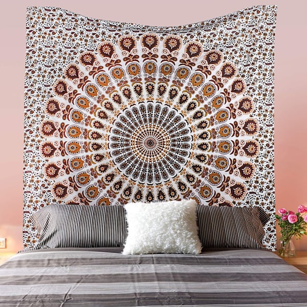 Wekity Hippie Bohemian Psykedeelinen Kulta-Sininen Peacock Mandala Seinävaate Vuodevaate Tapetti (Oranssinruskea, Koko: 59.1\" x 78.7\")