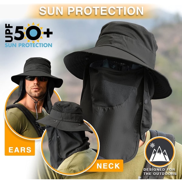 Fiskehatt Solskyddshatt - Premium UPF 50+ Vikbart cover med lock Boonie-hatt för män och kvinnor （svart）