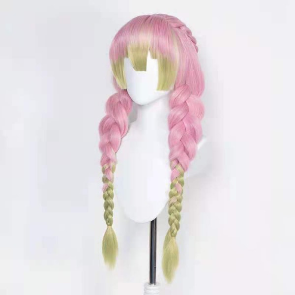 Anime rosa och grön peruk för Mitsuri Cosplay flätat hår peruk med pigtails Halloween fest peruk + cap