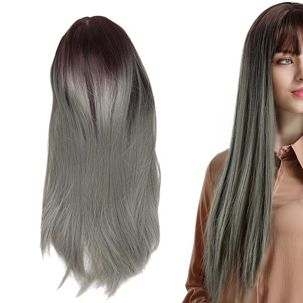 Langt, rett parykk for kvinner i grått og cyan med gradient - Stilig cosplay-parykk for fest - Syntetisk parykk 71 cm