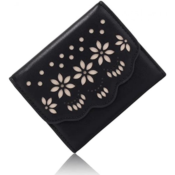 Wallet for Women Hollow Floral Vegan Leather Card Holder Organizer Small Trifold Girls Flower Purse Black