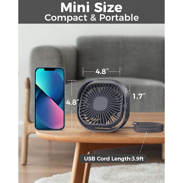 Liten USB Skrivbordsfläkt, 3 Hastigheter Bärbar Bordsfläkt, 4 tums Personlig Minifläkt, Liten Kylfläkt med USB-kontakt, 360° Roterbar Skrivbordsfläkt Grey