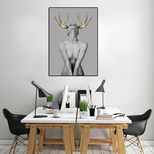 Hirvi-tyttö seinätaide kankaalle painettu juliste, yksinkertainen muodikkaat mustavalkoiset hahmot taidepiirustus sisustus (2 kpl kehystämätöntä, 20''x28'')