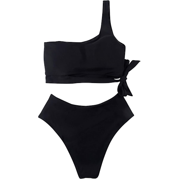 Dam en axel hög midja bikini spets upp hög skuren tvådelad baddräkt för semester, simning, pool (svart) S