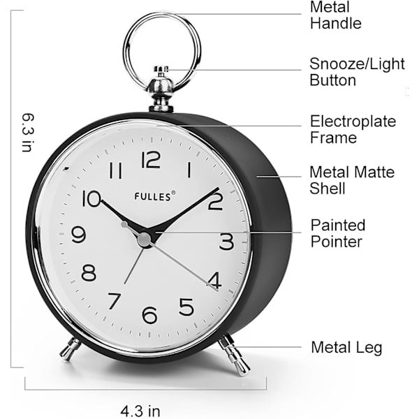SAYTAY Analog väckarklocka utan tickande med nattljus snooze-funktion tyst rund retro batteridriven Crescendo 4 tum liten enkel design Tabl