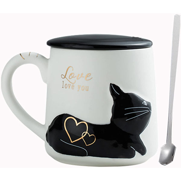 Söt kattkopp Keramisk kaffemuggset med lock sked, Födelsedagspresent Idé för kattälskare Mugg 400ML(Svart-Vit)