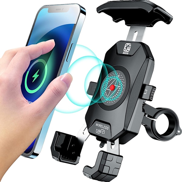 Motorcykeltelefonhållare med trådlös laddare och USB C, IP66 vattentät motorcykeltelefonhållare för 4'' - 7'' mobiltelefon, enhandsmanövrering