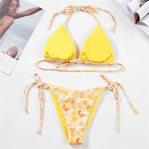 Bikinis baddräkt set för kvinnor baddräkt triangel baddräkt slips string trosa Yellow S