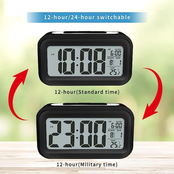 Inomhustemperatur Digital väckarklocka, batteridriven, 12/24h display, lämplig för sovrum, badrum, skrivbord, smart klocka - Svart
