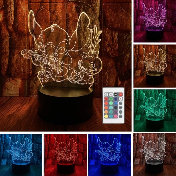 Söta djur Stitch Lilo and Stitch Anime Character 3D LED Optisk Illusion Sovrumsdekoration Bordssömnlampa med fjärrkontroll 7 färger Akrylljus