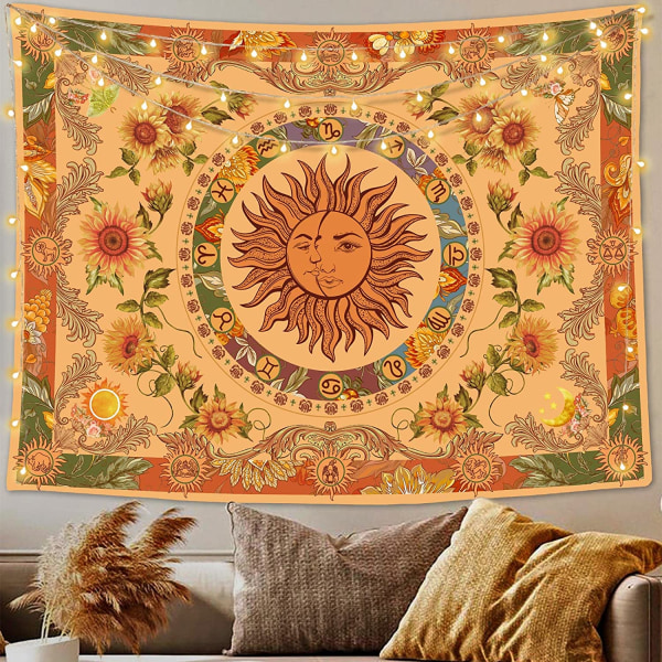 Wekity Gul Sol og Måne Gobelin Vintage Indie Boho Gobelin Veggteppe (Oransje, 60'' × 80'')