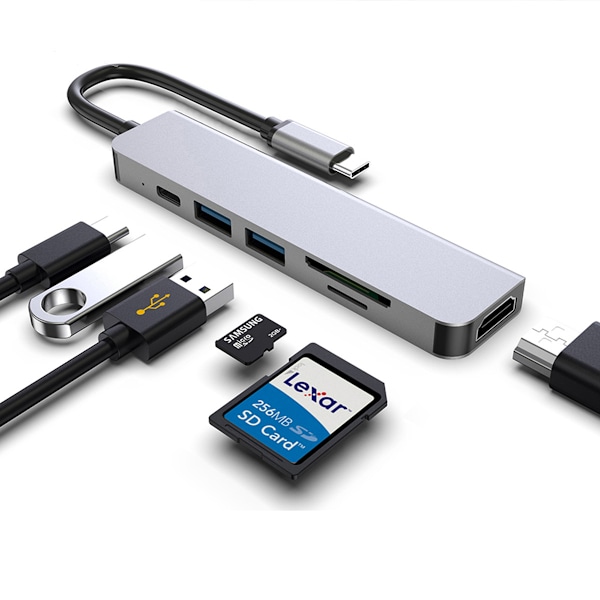 Sex-i-ett Type-C-dockningsstation USB3.1 till HDMI/TF/SD/PD multifunktions bärbar expansionshubb
