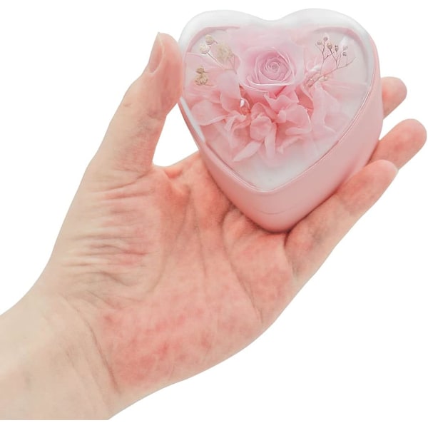 Præserveret Blomst Rose Hjerteformet Fløjls Ringæske - Romantisk Smykkegave til Valentinsdag, Mors Dag, Bryllup, Jubilæum & pink