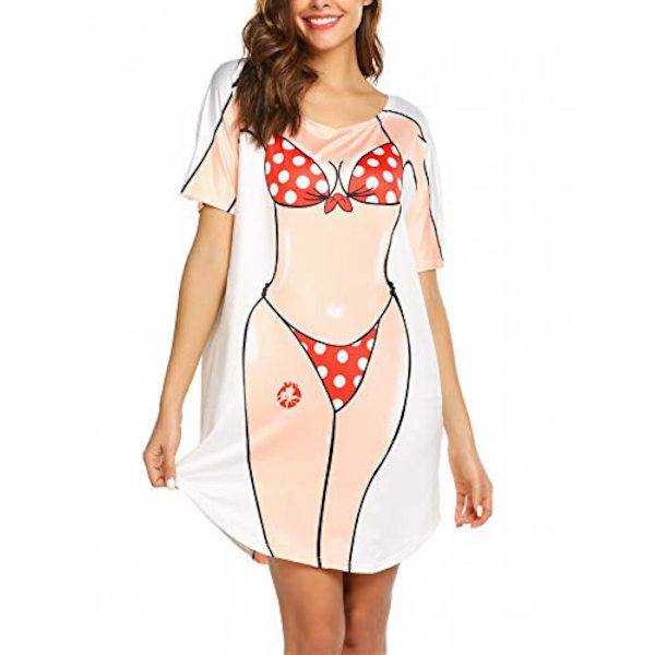 AVEKI Dam Bikini Skjorta Cover Up Kortärmad Söt Bikini Tryckt Cover-Up Lös T-Shirt Klänning Roligt Att Bära, Röd, L