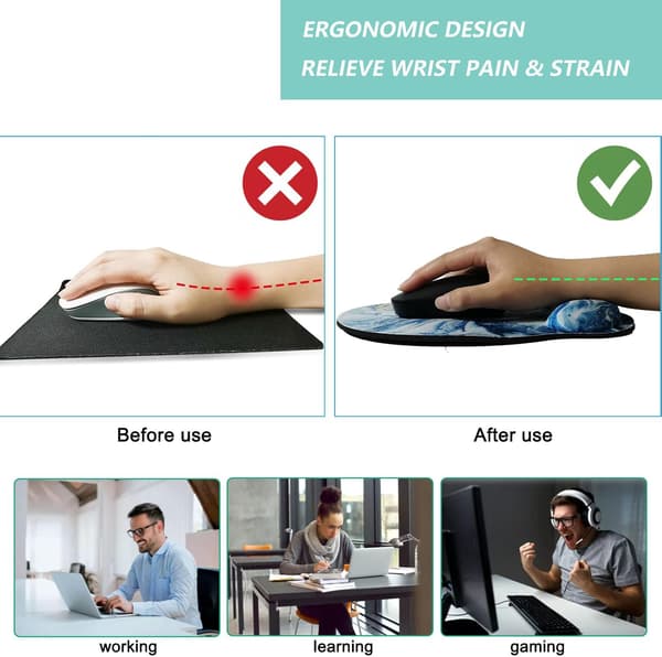 Musematte med håndleddstøtte, ergonomisk musematte med minnefoam håndleddstøtte, sklisikker gummi bunn spillmusematte for hjemmet