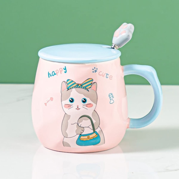 Söt kattmugg, högkvalitativ keramik, hög temperaturbeständig, 14oz med 3D-lock och sked, julklapp födelsedagspresent, katt rosa