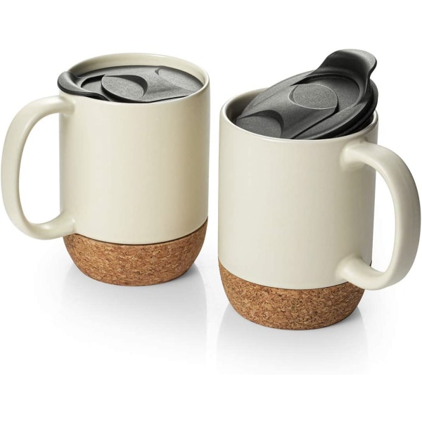 Kaffemuggar Set med 2, 15 OZ keramisk mugg med isolerad korkbotten och stänksäkert lock, stor kaffemugg med handtag för män, kvinnor, vit