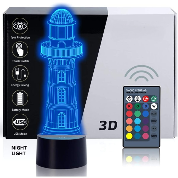 3D Optical Illusion Lighthouse Lighthouse Night Lights, 3D Lighthouse Lamp 16 färgvariationer, Smart Touch-knapp USB och power, fantastisk kreativ konst