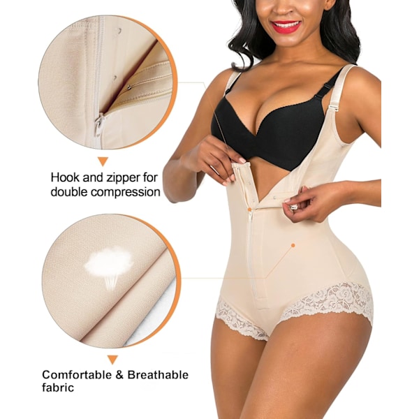 Shapewear til kvinder Tummy Control Fajas Colombianas Body Shaper Lynlås Åben Buste Bodysuit M Beige