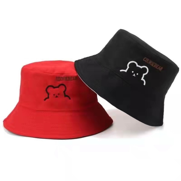 Bucket Hat Dam Dubbelsidig Sommar Shade Casual Pot Hat, Svart och Röd, Bear