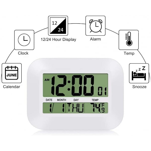 Digital väckarklocka - 4 ljusstyrkor LED-display, snooze 12/24H, adapterström med reservbatteri, enkel att använda för barn och äldre (vit)
