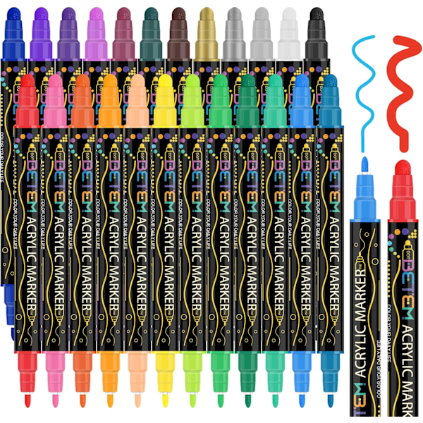Betem 24 Farver Akryl Paint Markers med Dobbelte Spidser, Premium Akryl Paint Markers til Træ, Lærred, Sten, Klippemaling, Glas, Keramik 24 Colors Paint Markers
