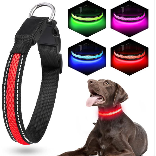 USB uppladdningsbart självlysande hundhalsband, vattentätt halsband för djur, tvåfärgat nät, hundhals, gyllene hår mot avfall på natten (XL, röd)