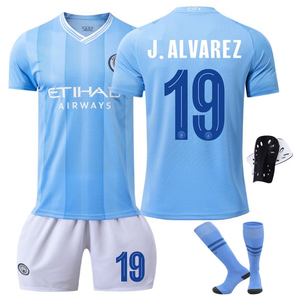 Manchester City fotbollströjeset med strumpor och skyddsutrustning, Champions League-upplaga 2023/24 19 J.ALVAREZ L