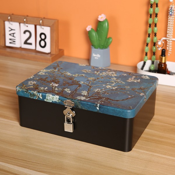 Vintage förvaringslåda i plåt med lås, skrivbordsförvaring, smyckeskrin (aprikosblomma)