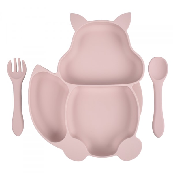 Baby Plate Bowl, Baby Fork Spoon Mini Silicone Dinner Tableware Baby Plate Suction Cup Non-Slip Baby Plate (Dinner Plate + Plastic Fork) Pink 2