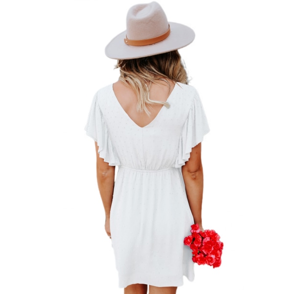 V-ringad volangklänning för kvinnor sommarsexig flytande gunga Prickade strandklänningar med korta ärmar --- Vit（Storlek XL）