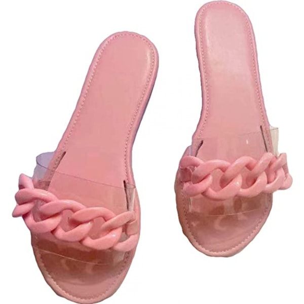 Dam Sandaler Strand Öppen Tå Platt Tofflor Transparent  Mode Färgglad Kedja Klar Slide Flip Flops Glida på Utomhus Strand ----- Rosa （Storlek 42）
