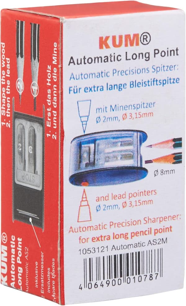 Långspetsvässare, vässar i 2 steg; 2 extra blad ingår. Med blyspetshållare för 2 mm och 3,2 mm. ENDAST BLÅ