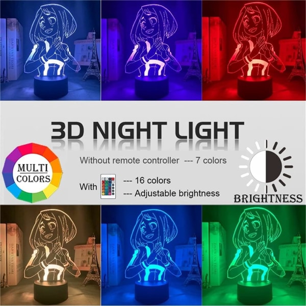 WJ 3D LED-lampe Ochako Uraraka Anime nattlys for soveromdekorasjon, gave til barn, 16 farger, med fjernkontroll, flerfarget