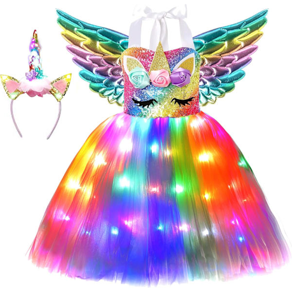 Flickrande Enhörningsdräkt för Flickor, LED-Ljus Enhörningsklänning, Prinsessklänning för Halloweenfest, Födelsedagsfest Rainbow Led-1