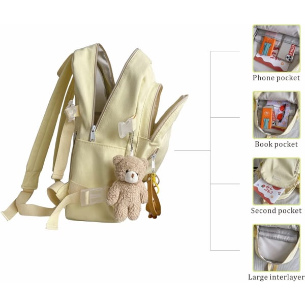 Estetisk ryggsäck för kvinnor, lätt enkel reseväska för kvinnor, ryggsäck för gymnasiegymnasium, med Kawai-hänge (gul)