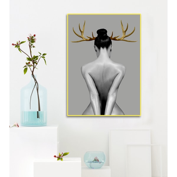Elk Girl Väggkonst Canvas Tryck Affisch, Enkla Mode Svartvita Figurer Konst Ritning Dekor(Set om 2 Oinramade, 24''x31.5'')
