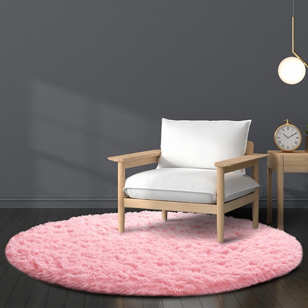 Diameter 120cm/47.2\" Rundt tæppe i ren farve, blødt plys anti-slip tæppe, fluffy tæppe (Pink)