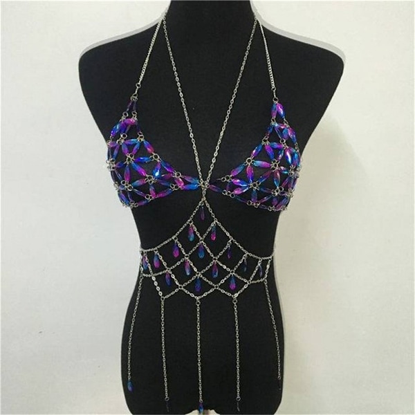Rhinestones Body Chain Suit Silver Heart Underwear Bikini Bra Chain Party Belly Waist Chains Boho Body Jewelry Accessories for Women and Girls